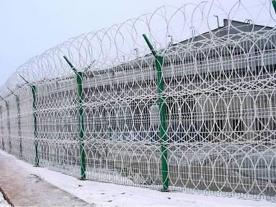 Razor wire fences are installed outside of the residence.