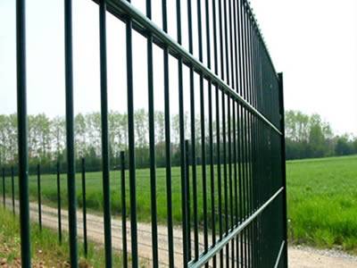 A dark green PVC coated welded double wire fence is installed between farm land and a road.