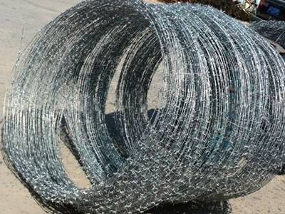 Many coils of concertina barbed wire are placed on the ground and beside the wire there is a black car.